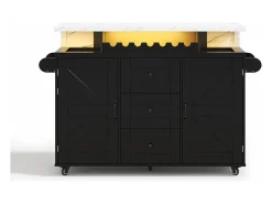 Ilha de cozinha central móvel - mesa de jantar dobrável - con LED - con 2 portas e 3 gavetas - con suporte para copos de vinho e rodas - Preto