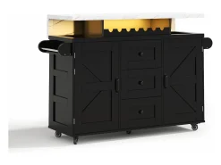 Ilha de cozinha central móvel - mesa de jantar dobrável - con LED - con 2 portas e 3 gavetas - con suporte para copos de vinho e rodas - Preto