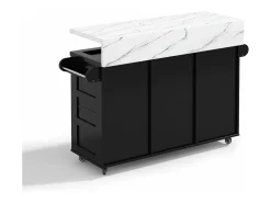 Ilha de cozinha central móvel - mesa de jantar dobrável - con LED - con 2 portas e 3 gavetas - con suporte para copos de vinho e rodas - Preto