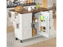 Ilha de cozinha central móvel com 2 portas e 3 gavetas - tampo extensível - 140 x 45/73 x 92,5 cm - Madeira MDF + metal - Branco + natural