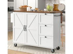 Ilha de cozinha central móvel com 2 portas e 3 gavetas - tampo extensível - 140 x 45/73 x 92,5 cm - Madeira MDF + metal - Branco + natural