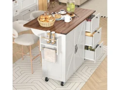 Ilha de cozinha central móvel com 2 portas e 3 gavetas - tampo extensível - 140 x 45/73 x 92,5 cm - Madeira MDF + metal - Branco + natural
