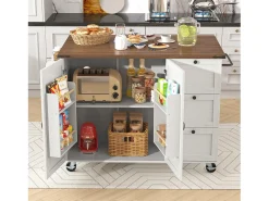 Ilha de cozinha central móvel com 2 portas e 3 gavetas - tampo extensível - 140 x 45/73 x 92,5 cm - Madeira MDF + metal - Branco + natural