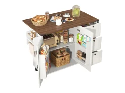 Ilha de cozinha central móvel com 2 portas e 3 gavetas - tampo extensível - 140 x 45/73 x 92,5 cm - Madeira MDF + metal - Branco + natural