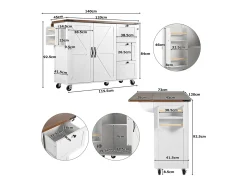 Ilha de cozinha central móvel com 2 portas e 3 gavetas - tampo extensível - 140 x 45/73 x 92,5 cm - Madeira MDF + metal - Branco + natural
