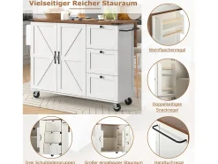 Ilha de cozinha central móvel com 2 portas e 3 gavetas - tampo extensível - 140 x 45/73 x 92,5 cm - Madeira MDF + metal - Branco + natural