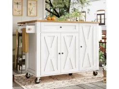 Ilha de cozinha central móvel - Tampos extensíveis - 121x70x90 cm - 1 gaveta e 3 portas - com toalheiro - MDF - Branco