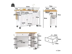 Ilha de cozinha central móvel - Tampos extensíveis - 121x70x90 cm - 1 gaveta e 3 portas - com toalheiro - MDF - Branco