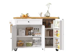 Ilha de cozinha central móvel - Tampos extensíveis - 121x70x90 cm - 1 gaveta e 3 portas - com toalheiro - MDF - Branco