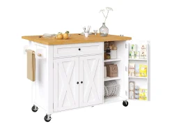 Ilha de cozinha central móvel - Tampos extensíveis - 121x70x90 cm - 1 gaveta e 3 portas - com toalheiro - MDF - Branco