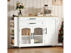 Ilha de cozinha central móvel - mesa de jantar dobrável - con espaço de armazenamento e prateleira para especiarias - con rodas - Branco