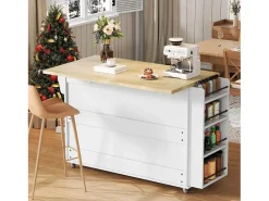 Ilha de cozinha central móvel - mesa de jantar dobrável - con espaço de armazenamento e prateleira para especiarias - con rodas - Branco