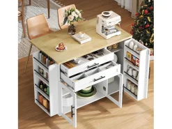 Ilha de cozinha central móvel - mesa de jantar dobrável - con espaço de armazenamento e prateleira para especiarias - con rodas - Branco
