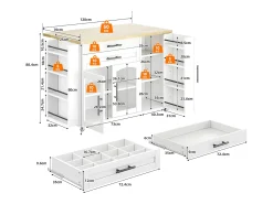 Ilha de cozinha central móvel - mesa de jantar dobrável - con espaço de armazenamento e prateleira para especiarias - con rodas - Branco