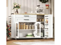 Ilha de cozinha central móvel - mesa de jantar dobrável - con espaço de armazenamento e prateleira para especiarias - con rodas - Branco
