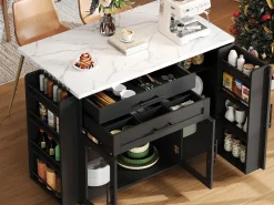 Ilha de cozinha central móvel - mesa de jantar dobrável - con espaço de armazenamento e prateleira para especiarias - con rodas - Preto