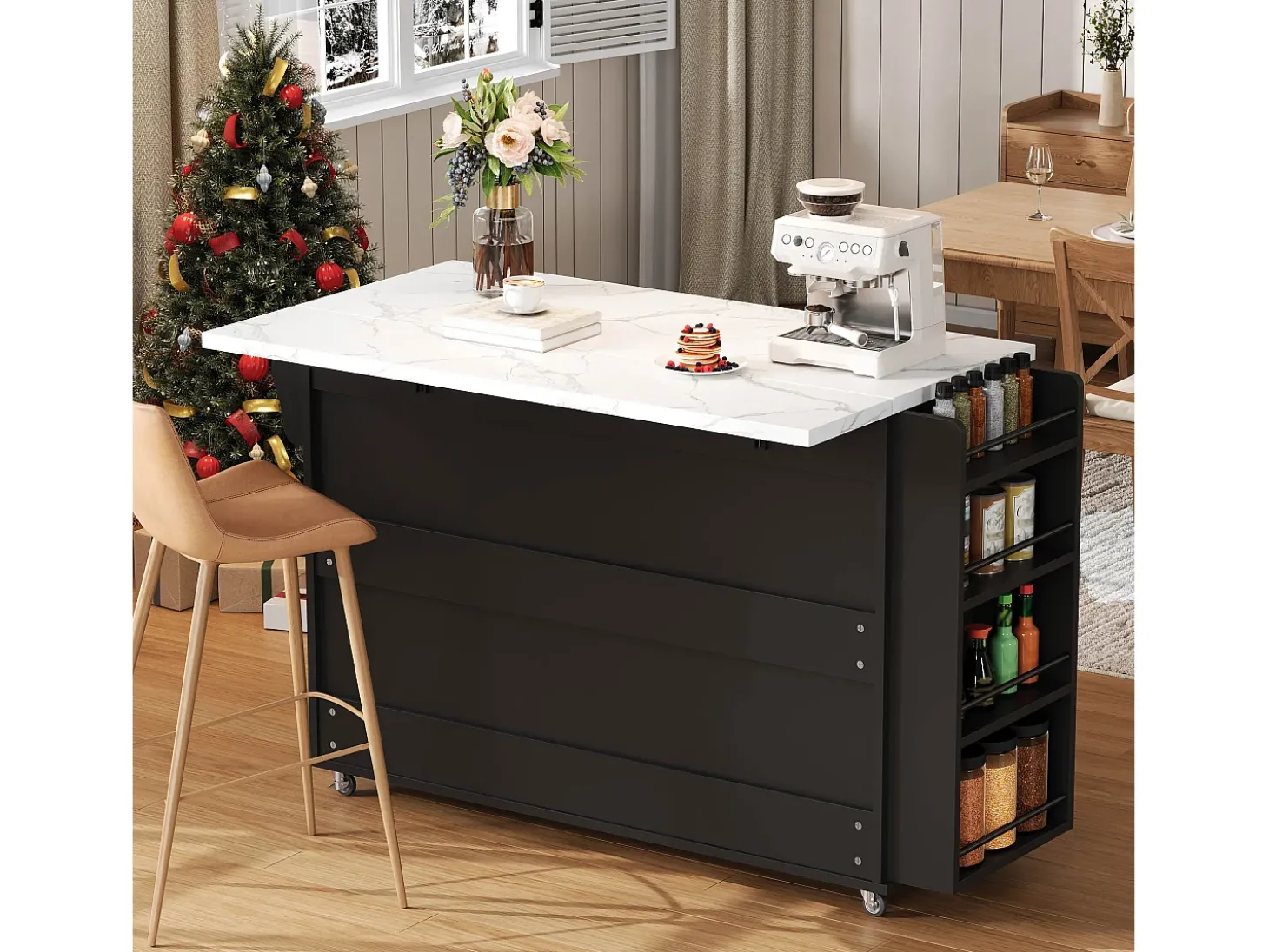 Ilha de cozinha central móvel - mesa de jantar dobrável - con espaço de armazenamento e prateleira para especiarias - con rodas - Preto