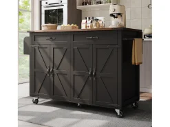 Ilha de cozinha central móvel - bancada extensível - 2 gavetas e 4 portas - com toalheiro - MDF - preto + natural
