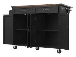 Ilha de cozinha central móvel - bancada extensível - 2 gavetas e 4 portas - com toalheiro - MDF - preto + natural