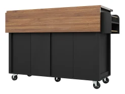 Ilha de cozinha central móvel - bancada extensível - 2 gavetas e 4 portas - com toalheiro - MDF - preto + natural