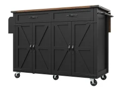Ilha de cozinha central móvel - bancada extensível - 2 gavetas e 4 portas - com toalheiro - MDF - preto + natural
