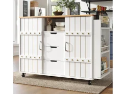 Ilha de cozinha central móvel - Tampos extensíveis - 3 gavetas - Com prateleira para temperos e toalheiro - MDF - branco