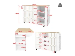 Ilha de cozinha central móvel - Tampos extensíveis - 3 gavetas - Com prateleira para temperos e toalheiro - MDF - branco