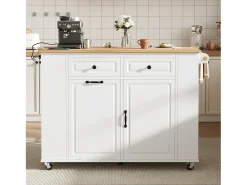 Ilha de cozinha central móvel 120x40x91,5cm - tampo extensível - con tomada - espaço de armazenamento multifuncional - branco