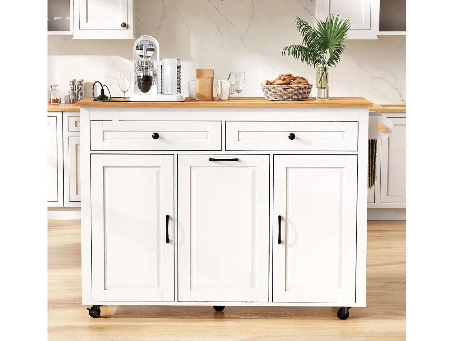 Ilha de cozinha central móvel 120x40x92cm - bancada extensível - con tomada elétrica - espaço de armazenamento multifuncional - branco