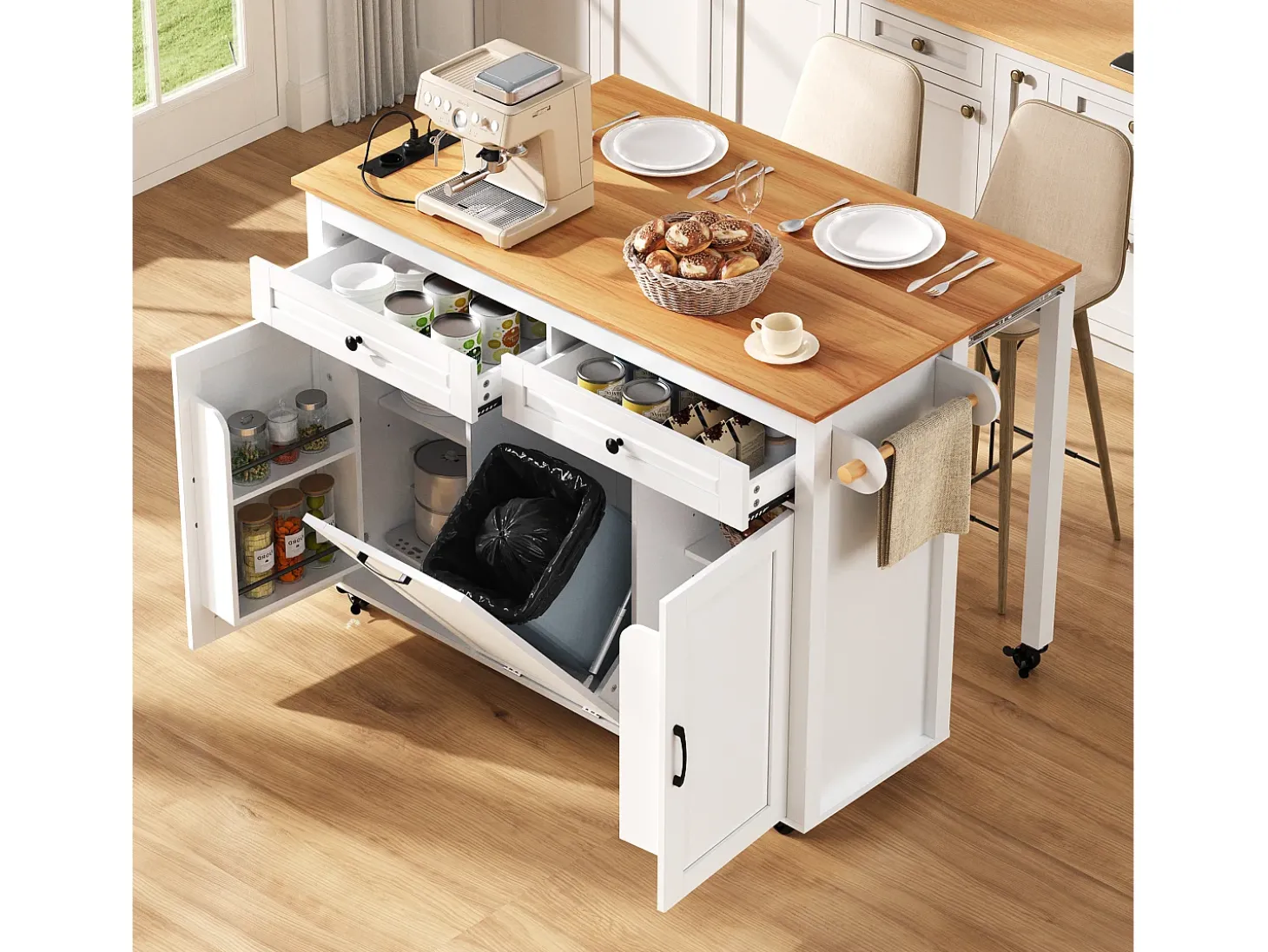 Ilha de cozinha central móvel 120x40x92cm - bancada extensível - con tomada elétrica - espaço de armazenamento multifuncional - branco