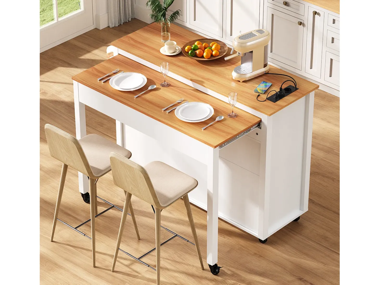 Ilha de cozinha central móvel 120x40x92cm - bancada extensível - con tomada elétrica - espaço de armazenamento multifuncional - branco