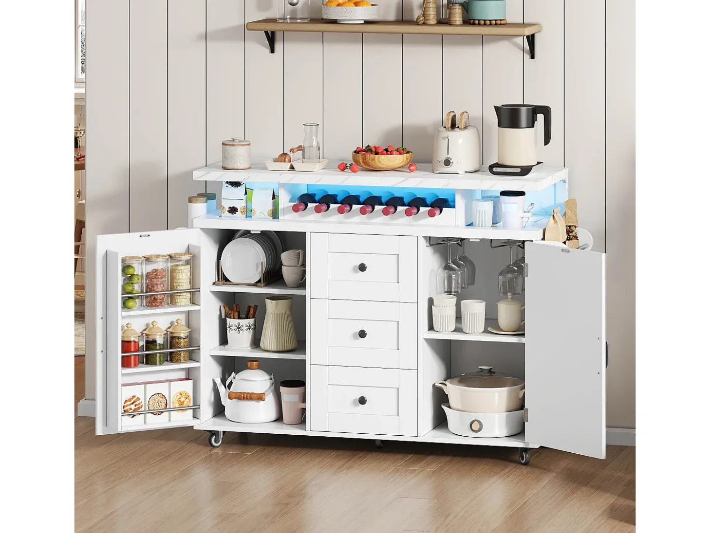 Ilha de cozinha central móvel - mesa de jantar dobrável - con LED - con 2 portas e 3 gavetas - con suporte para copos de vinho e rodas - Branco