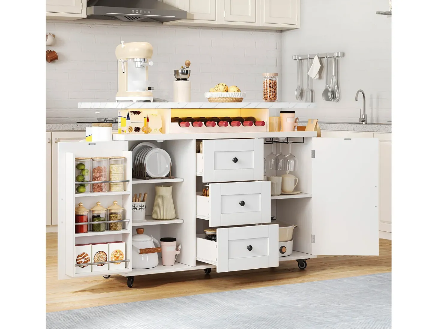Ilha de cozinha central móvel - mesa de jantar dobrável - con LED - con 2 portas e 3 gavetas - con suporte para copos de vinho e rodas - Branco