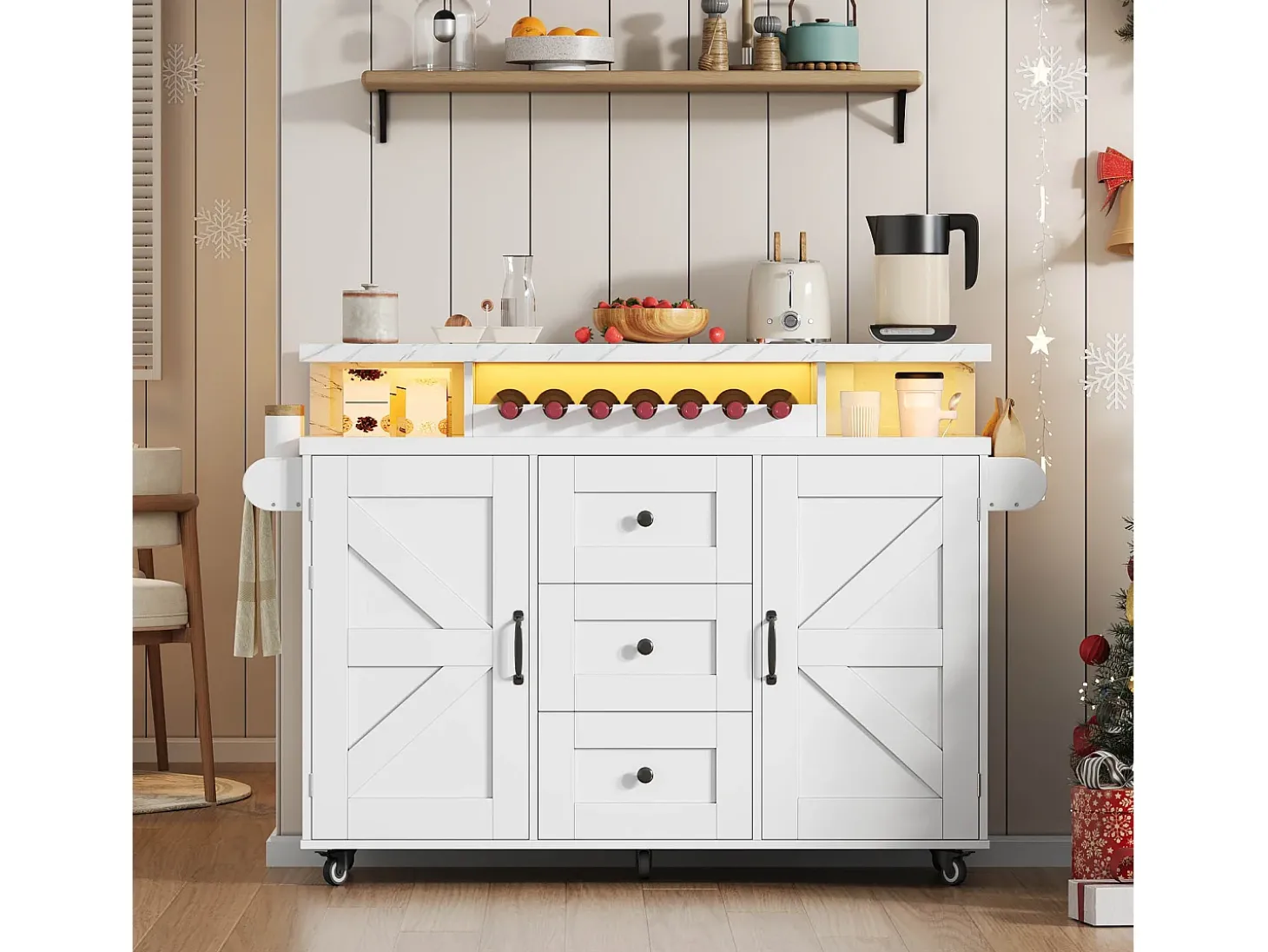 Ilha de cozinha central móvel - mesa de jantar dobrável - con LED - con 2 portas e 3 gavetas - con suporte para copos de vinho e rodas - Branco