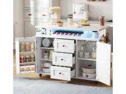 Ilha de cozinha central móvel - mesa de jantar dobrável - con LED - con 2 portas e 3 gavetas - con suporte para copos de vinho e rodas - Branco