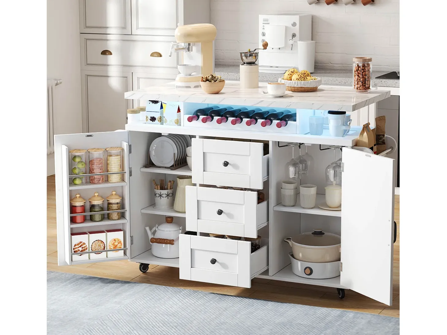 Ilha de cozinha central móvel - mesa de jantar dobrável - con LED - con 2 portas e 3 gavetas - con suporte para copos de vinho e rodas - Branco