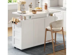 Ilha de cozinha central móvel - mesa de jantar dobrável - con LED - con 2 portas e 3 gavetas - con suporte para copos de vinho e rodas - Branco