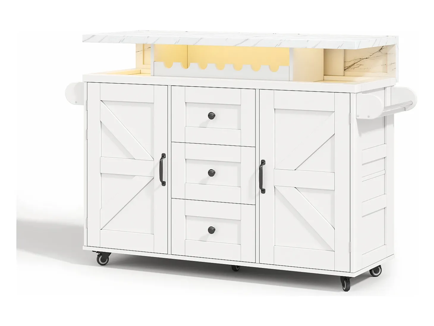 Ilha de cozinha central móvel - mesa de jantar dobrável - con LED - con 2 portas e 3 gavetas - con suporte para copos de vinho e rodas - Branco
