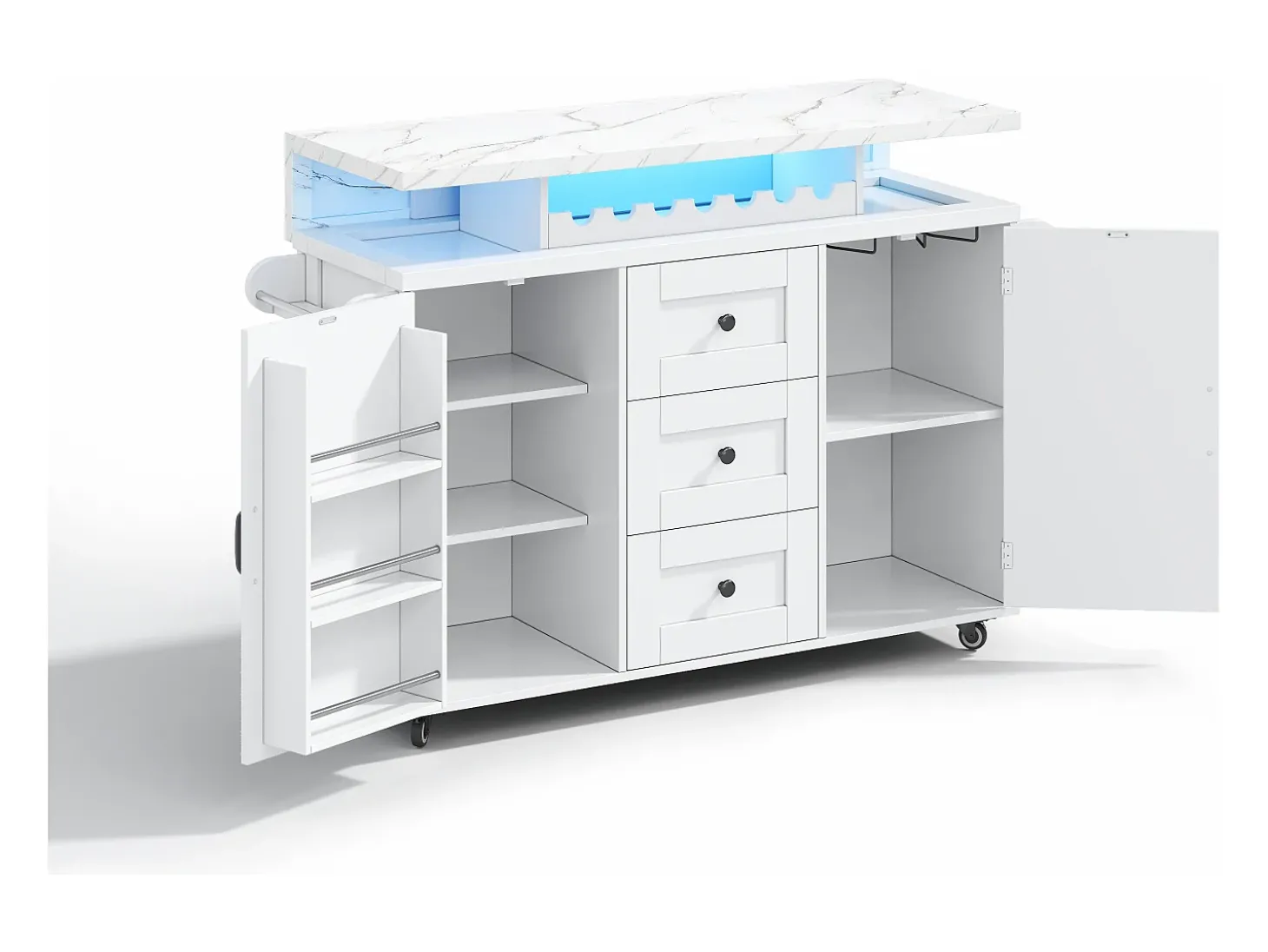Ilha de cozinha central móvel - mesa de jantar dobrável - con LED - con 2 portas e 3 gavetas - con suporte para copos de vinho e rodas - Branco