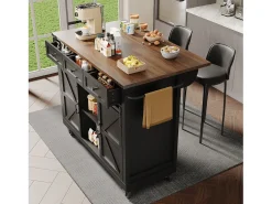 Ilha de cozinha central móvel - bancada extensível - com 3 gavetas e 2 portas corrediças - com toalheiro - MDF - preto + natural