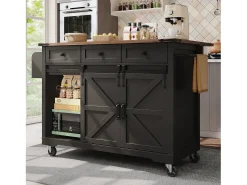 Ilha de cozinha central móvel - bancada extensível - com 3 gavetas e 2 portas corrediças - com toalheiro - MDF - preto + natural