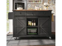 Ilha de cozinha central móvel - bancada extensível - com 3 gavetas e 2 portas corrediças - com toalheiro - MDF - preto + natural