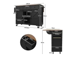 Ilha de cozinha central móvel - bancada extensível - com 3 gavetas e 2 portas corrediças - com toalheiro - MDF - preto + natural
