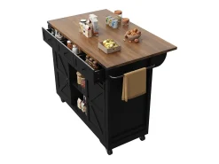 Ilha de cozinha central móvel - bancada extensível - com 3 gavetas e 2 portas corrediças - com toalheiro - MDF - preto + natural