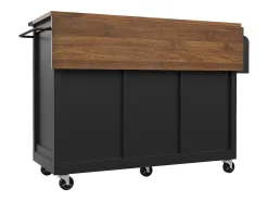 Ilha de cozinha central móvel - bancada extensível - com 3 gavetas e 2 portas corrediças - com toalheiro - MDF - preto + natural
