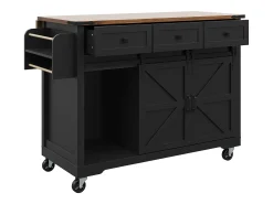 Ilha de cozinha central móvel - bancada extensível - com 3 gavetas e 2 portas corrediças - com toalheiro - MDF - preto + natural