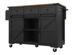 Ilha de cozinha central móvel - bancada extensível - com 3 gavetas e 2 portas corrediças - com toalheiro - MDF - preto + natural