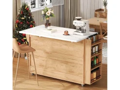 Ilha de cozinha central móvel - mesa de jantar dobrável - con espaço de armazenamento e prateleira para especiarias - con rodas - Natural