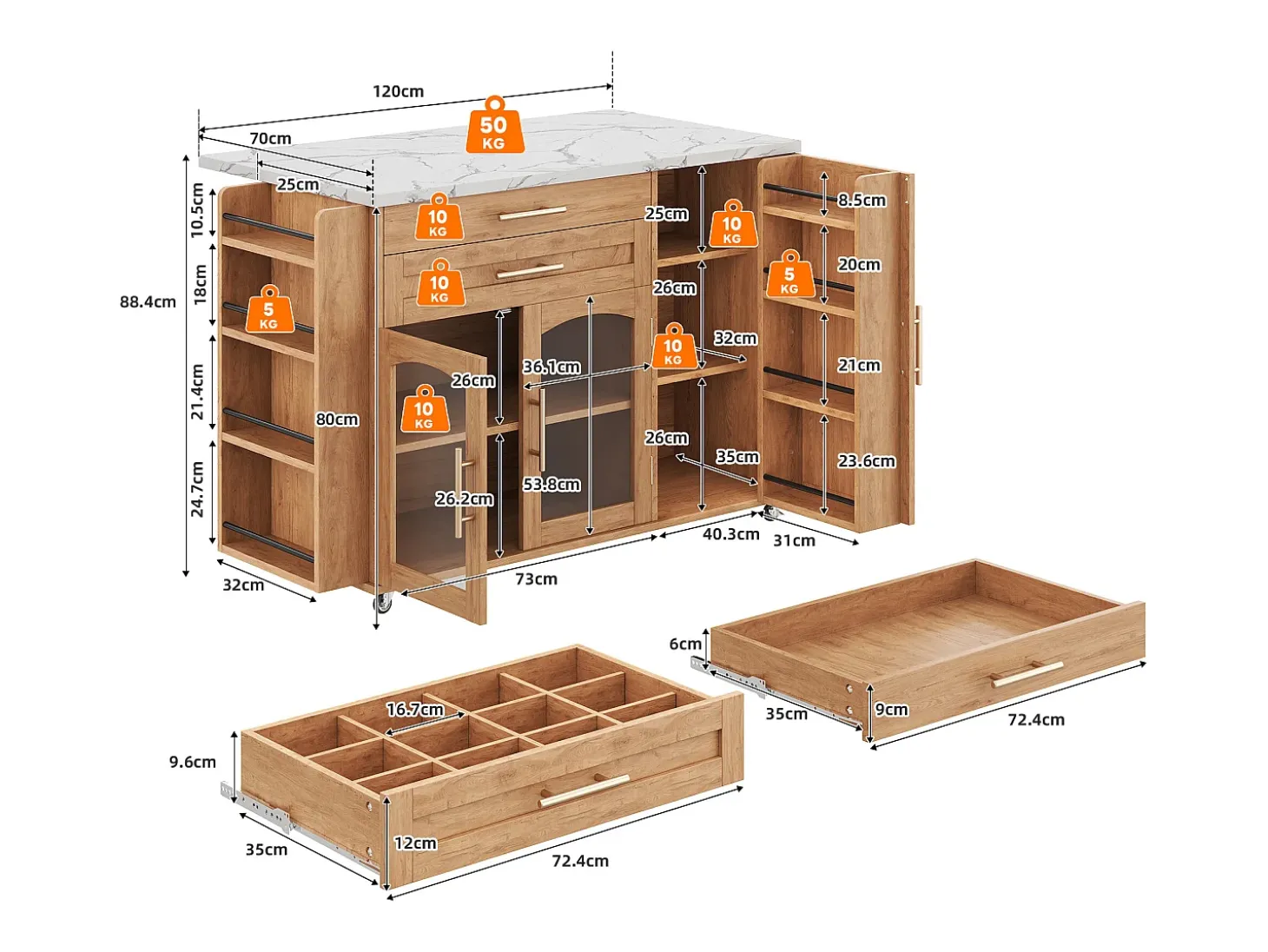 Ilha de cozinha central móvel - mesa de jantar dobrável - con espaço de armazenamento e prateleira para especiarias - con rodas - Natural
