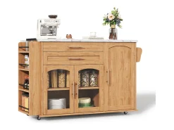 Ilha de cozinha central móvel - mesa de jantar dobrável - con espaço de armazenamento e prateleira para especiarias - con rodas - Natural